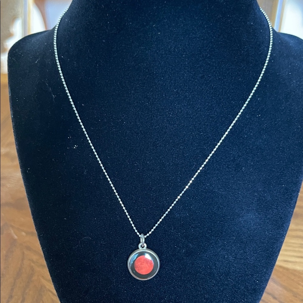 Sterling Circle Pendant Necklace with Red Enamel Accent